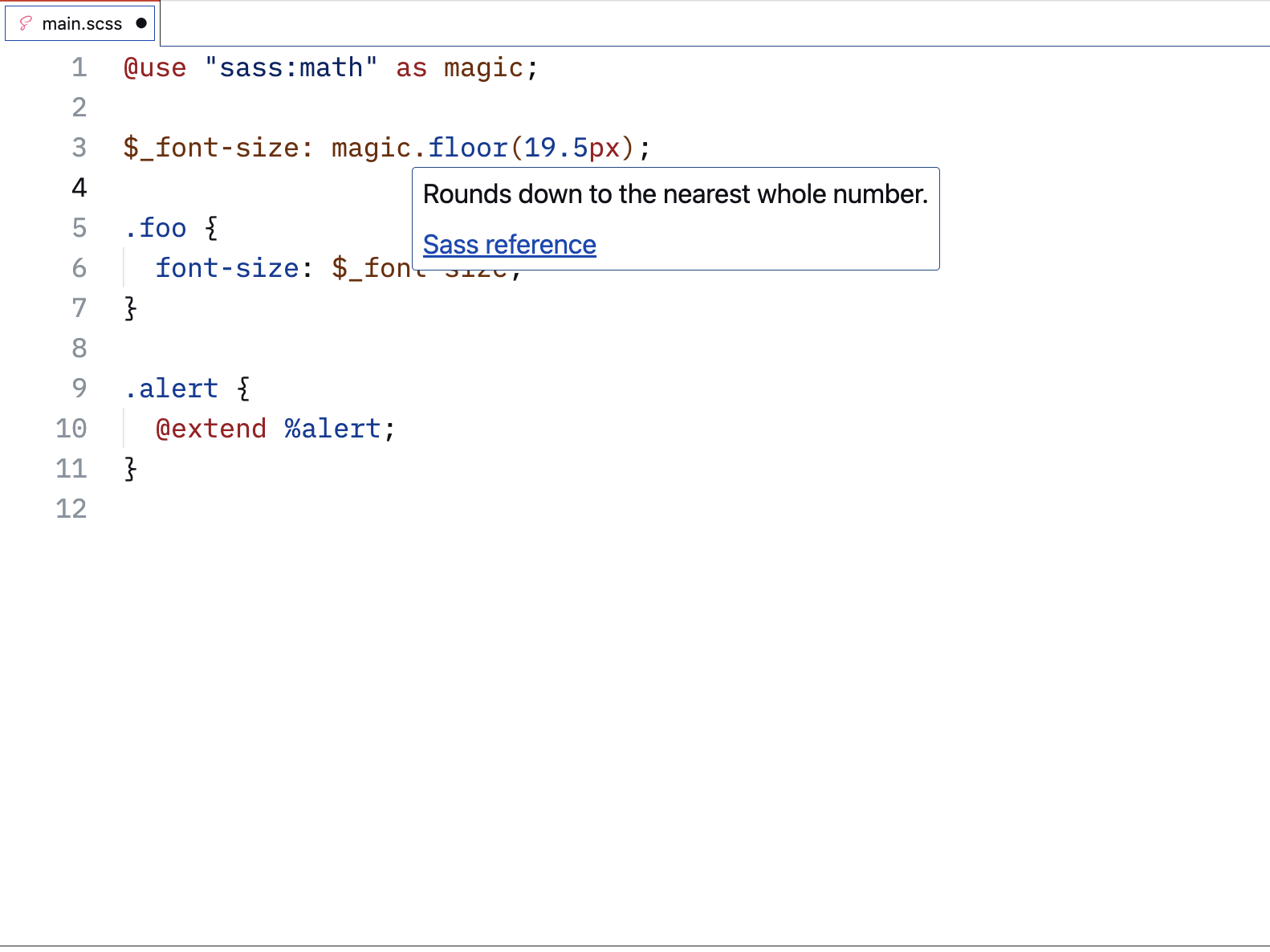 Screenshot showing hover info for the floor function. The information reads Rounds down to the nearest number and includes a link titled Sass reference.
