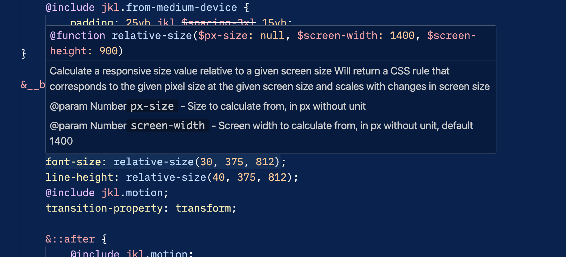 Screenshot showing hover info for a function named relative-size. There's a description of what the function does. There's a list of three parameters of type Number, two of them shown with default values and each with a description.