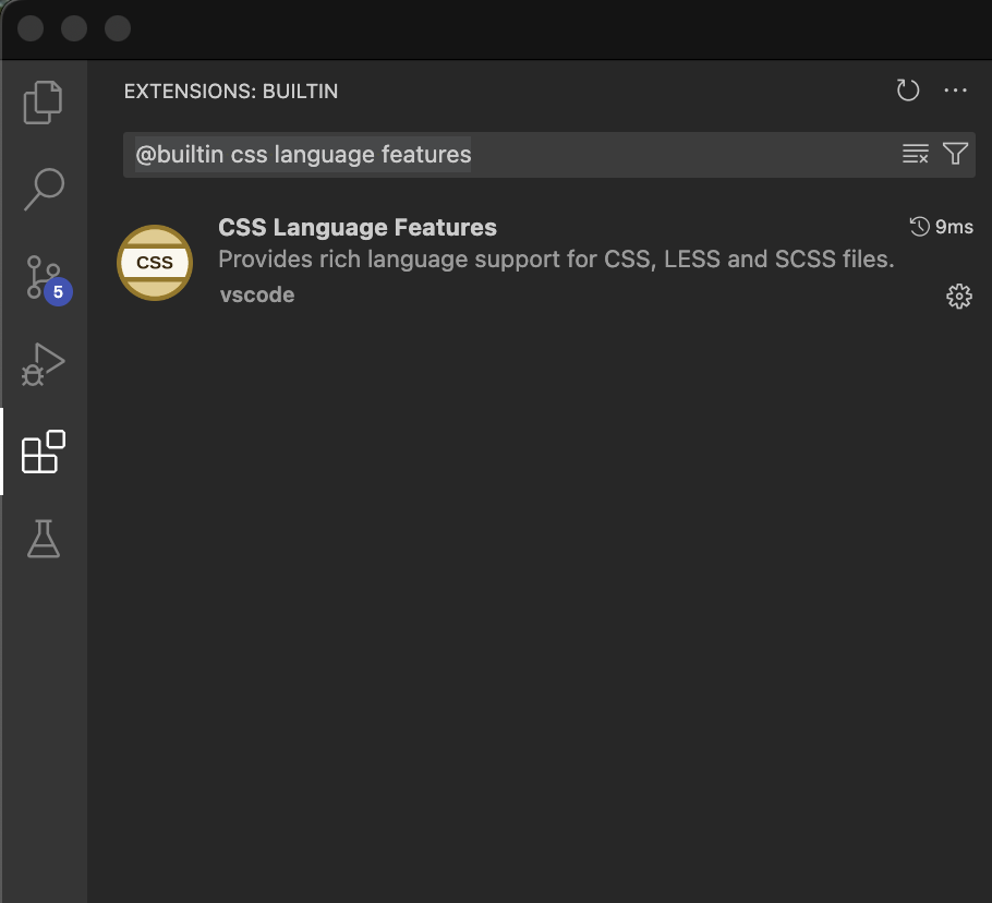 Screenshot showing the Extension tab filtered to show the css language features